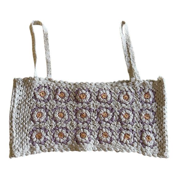 ZARA Crochet Daisy Floral Crop Top Multicolor Knit Boho Festival Tank XS - Picture 4 of 7